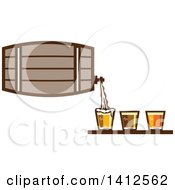 Retro Beer Keg Barrel Pouring Light Dark And Ale Into Glasses