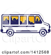 Poster, Art Print Of Retro Blue And White Tour Bus With A City Skyline In The Windows