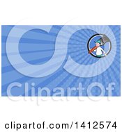 Clipart Of A Retro Cartoon White Male House Painter Carrying A Giant Brush On His Shoulder And Blue Rays Background Or Business Card Design Royalty Free Illustration