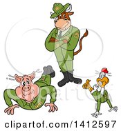 Poster, Art Print Of Cartoon Cow Standing Over A Pig And Chicken Soldiers Doing Pushups