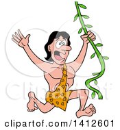 Clipart Of A Cartoon Scared Jungle Man Swinging On A Vine Royalty Free Vector Illustration