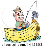 Poster, Art Print Of Cartoon Caucasian Man Fishing In A Boat And Talking With A Fish