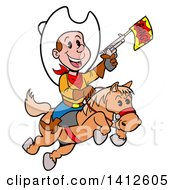 Poster, Art Print Of Cartoon Little Cowboy Shooting A Toy Gun And Riding A Horse