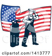 Retro Full Length Male Welder Looking Back Over His Shoulder In Front Of A Wavy American Flag