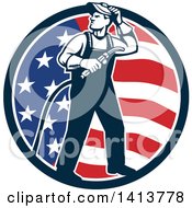 Poster, Art Print Of Retro Full Length Male Welder Looking Back Over His Shoulder In An American Flag Circle