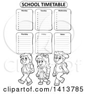Clipart Of A Black And White School Time Table With Students Royalty Free Vector Illustration