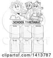 Poster, Art Print Of Black And White School Time Table With Students Riding A Pencil