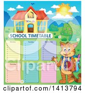 Poster, Art Print Of Cat Student Waving By A School Time Table And Building