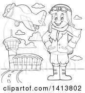 Poster, Art Print Of Cartoon Black And White Lineart Male Aviator Standing With His Hands On His Hips At An Airport