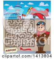 Poster, Art Print Of Maze Of An Airplane Airport And Happy Caucasian Male Aviator Standing With His Hands On His Hips