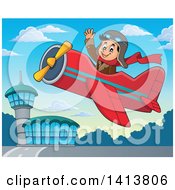 Poster, Art Print Of Happy Caucasian Male Aviator Waving And Flying A Plane Near An Airport