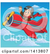Clipart Of A Happy Caucasian Male Aviator Waving And Flying A Plane Royalty Free Vector Illustration by visekart