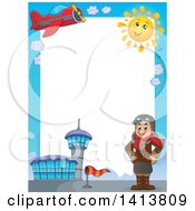 Poster, Art Print Of Border Of An Airport Plane Sun And Caucasian Male Aviator Standing With His Hands On His Hips