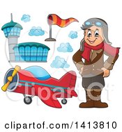Clipart Of A Happy Caucasian Male Aviator Standing With His Hands On His Hips With An Airport And Plane Royalty Free Vector Illustration by visekart