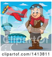 Poster, Art Print Of Happy Caucasian Male Aviator Standing With His Hands On His Hips At An Airport