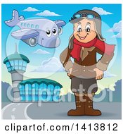 Clipart Of A Happy Caucasian Male Aviator Standing With His Hands On His Hips At An Airport Royalty Free Vector Illustration by visekart