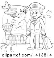 Poster, Art Print Of Black And White Lineart Pilot And Airplane At An Airport