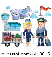 Poster, Art Print Of Happy Caucasian Male Pilot And Female Flight Attendant With A Plane Airport And Luggage