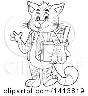 Poster, Art Print Of Black And White Lineart Cat Student Waving