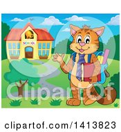 Clipart Of A Cat Student Waving By A School Royalty Free Vector Illustration