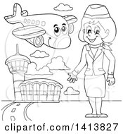 Clipart Of A Black And White Lineart Female Flight Attendant At An Airport Royalty Free Vector Illustration by visekart