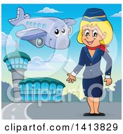 Poster, Art Print Of Happy Caucasian Female Flight Attendant At An Airport