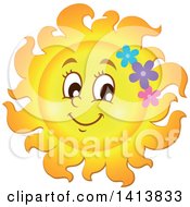 Poster, Art Print Of Happy Spring Time Sun Character With Flowers