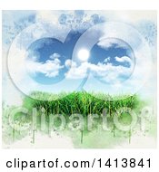 Poster, Art Print Of 3d Green Grass Under A Blue Sky With The Sun And Clouds Bordered In Grunge