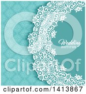Poster, Art Print Of Blue White And Turquoise Damask Floral Wedding Invitation Background With Text