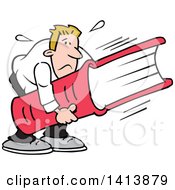 Clipart Of A Cartoon Caucasian Man Frowning And Carrying A Huge Book Heavy Reading Royalty Free Vector Illustration