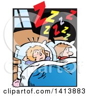 Poster, Art Print Of Cartoon Annoyed Caucasian Wife Wide Awake From Her Husbands Snoring