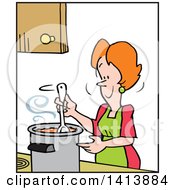 Clipart Of A Cartoon Happy Red Haired Caucasian Woman Cooking Soup Royalty Free Vector Illustration