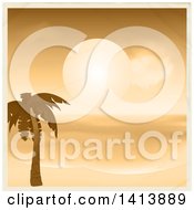 Clipart Of A Sepia Toned Tropical Sunset Over The Ocean And A Palm Tree On A Beach Bordered In Tan Royalty Free Vector Illustration