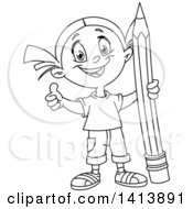 Poster, Art Print Of Cartoon Black And White Lineart School Girl Giving A Thumb Up And Holding A Giant Pencil