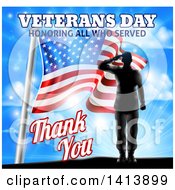 Black Silhouetted Solder Saluting Over An American Flag And Sky With Text