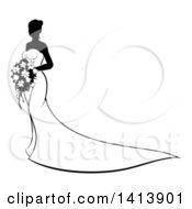 Clipart Of A Silhouetted Black And White Bride In Her Dress Holding A Bouquet Royalty Free Vector Illustration