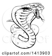 Poster, Art Print Of Black And White Lineart Angry King Cobra Snake Ready To Strike