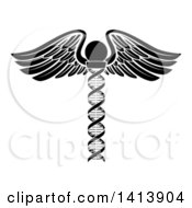 Clipart Of A Black And White Medical DNA Strand Winged Rod Caduceus Royalty Free Vector Illustration