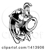 Clipart Of A Black And White Strong Spartan Trojan Warrior Mascot Sprinting With A Sword And Shield Royalty Free Vector Illustration