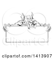 Poster, Art Print Of Black And White Muscular Aggressive Welsh Dragon Man Mascot Holding A Blank Sign
