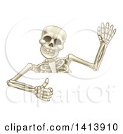 Poster, Art Print Of Cartoon Human Skeleton Waving And Giving A Thumb Up Over A Sign