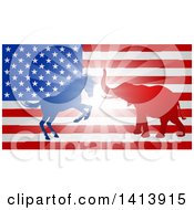 Clipart Of A Silhouetted Political Democratic Donkey Or Horse And Republican Elephant Fighting Over An American Design And Burst Royalty Free Vector Illustration