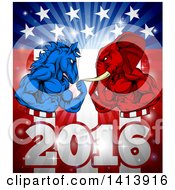Poster, Art Print Of Political Aggressive Democratic Donkey Or Horse And Republican Elephant Flexing Over A 2016 American Flag And Burst