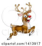 Clipart Of A Happy Rudolph Red Nosed Reindeer Leaping Or Flying Royalty Free Vector Illustration by AtStockIllustration