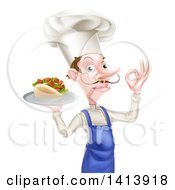 Clipart Of A White Male Chef With A Curling Mustache Holding A Souvlaki Kebab Sandwich On A Tray And Gesturing Ok Or Perfect Royalty Free Vector Illustration