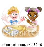 Poster, Art Print Of Happy White Boy Making Making Star Cookies And Black Girl Making Frosting