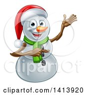 Poster, Art Print Of Happy Snowman Wearing A Christmas Santa Hat And Pointing