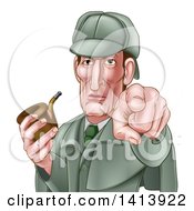Cartoon Sherlock Holmes Victorian Detective Holding A Pipe And Pointing Outwards