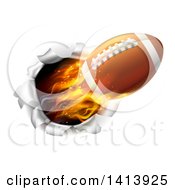 Clipart Of A 3d Flying Flaming Football Breaking Through A Wall Royalty Free Vector Illustration