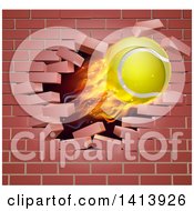 Poster, Art Print Of 3d Flying And Blazing Tennis Ball With A Trail Of Flames Breaking Through A Brick Wall